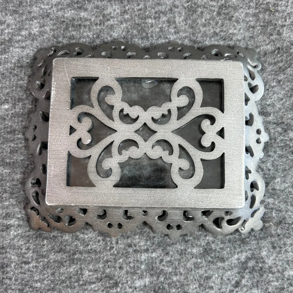 Vintage Ornate Silver Metal Picture Frame Rhinestone Enamel Scrollwork 5.5x4.5